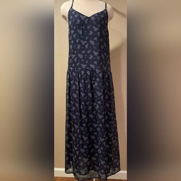 VINCE SP Coastal Navy Blue Calico Floral Print 100%SILK Cami Slip Midi Dress - Picture 4 of 13